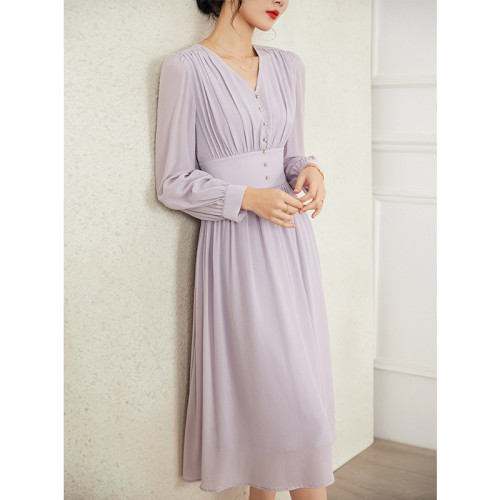 Silk dress, elegant long-sleeved mulberry silk A-line skirt, French v-neck high-waisted slim and large-swing long skirt, casual dress