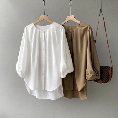 Women's white shirt, simple loose design lantern sleeve shirt, casual sportswear