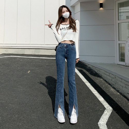 High-waisted slit jeans, the design is versatile, slim and drapey, floor-length flared trousers.