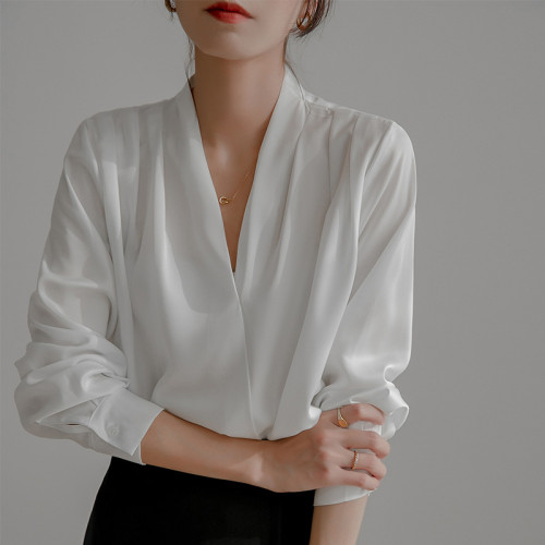 Women's white shirt, long-sleeved french design niche retro silk top professional satin shirt