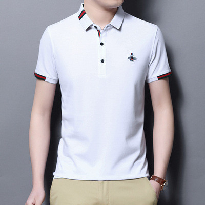 Men's lapel short sleeves, youth solid color bee embroidery T-shirts, loose casual polo shirts, versatile body shirts
