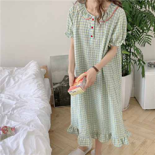 Ladies nightdress, summer new yellow and blue plaid pajamas, suit female comfortable and cute doll collar can wear nightdress