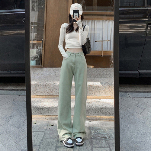 Green jeans, new high-waisted slim straight-leg loose wide-leg pants, light-colored mopping jeans