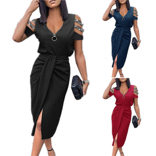 2022 new women's solid color zipper long dress, hollow pleated short-sleeved v-neck dress, casual dress