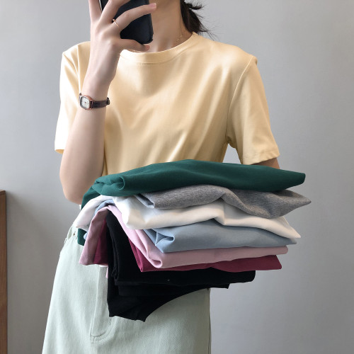 2022 New Solid Color Short Sleeve T-Shirt, Round Neck Loose White Bottoming Top, Casual Sportswear