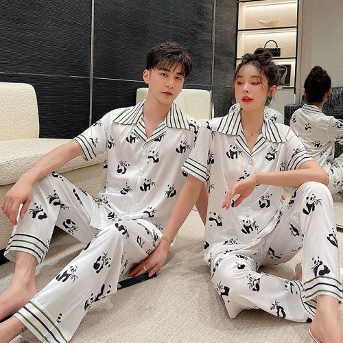 Couple pajamas, summer ice silk short-sleeved cardigan suit, brutalist panda pajamas