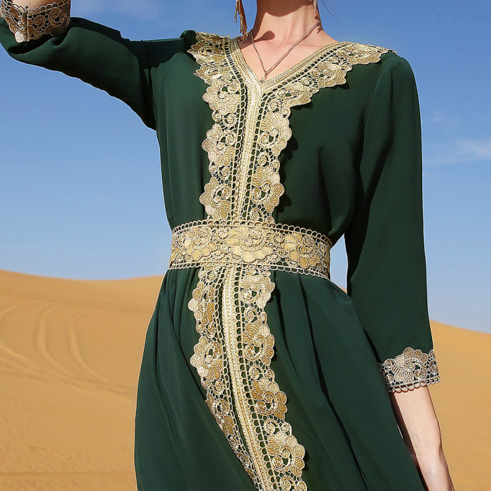 2022 dark green embroidered lace casual retro vacation gorgeous dress