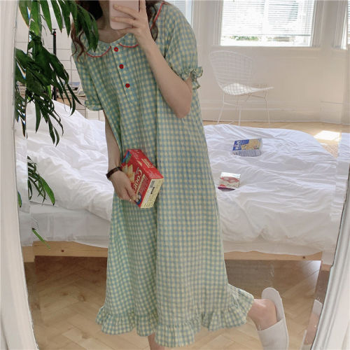Ladies nightdress, summer new yellow and blue plaid pajamas, suit female comfortable and cute doll collar can wear nightdress