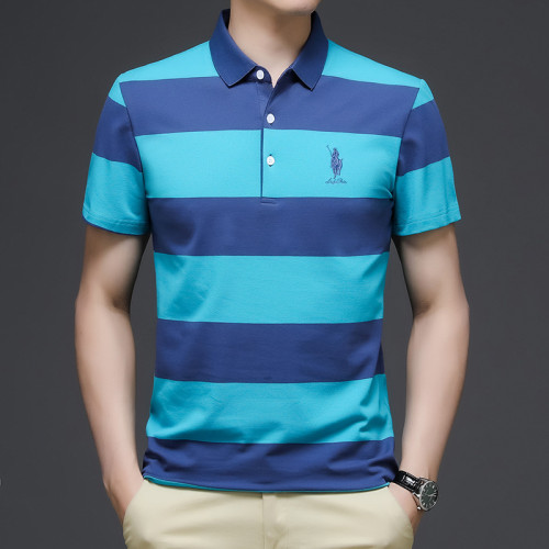 New short-sleeved T-shirt. Business Striped Shirt, Lapel Embroidered Casual Sports T-Shirt