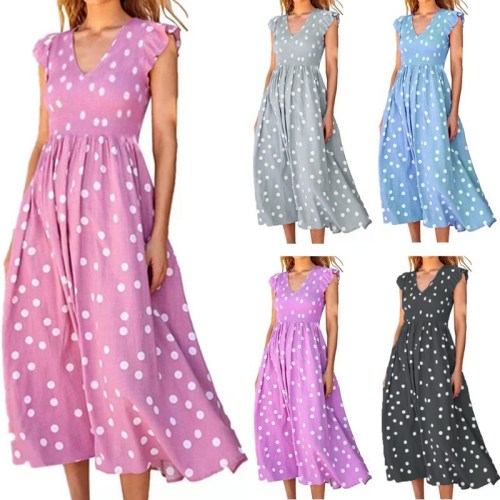 New women's clothing V-neck waist-length skirt polka dot print dress feminine slim dress lotus leaf sleeve dress casual dress