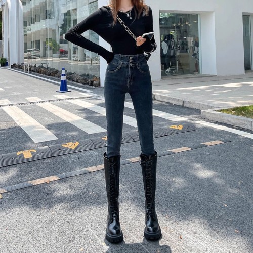 New High Waist Jeans, Slim Fit Black Slim Fit Stretch Jeans, Casual Sports Jeans