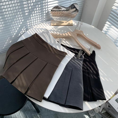 High waist A-line skirt, fashionable and thin solid color skirt, stitching pleated skirt, casual skirt