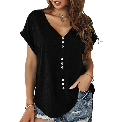 New Women's Short Sleeve T-Shirt, Casual Sports T-Shirt, Pullover V-Neck Decorative Button Top T-Shirt, Solid Color Loose Short Sleeve T-Shirt