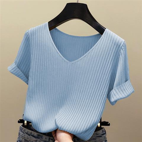Women's Ice Silk Short Sleeve T-Shirt, Knitwear Slim Bottom Solid Color V-Neck Short Sleeve, Fashion Casual Sports T-Shirt
