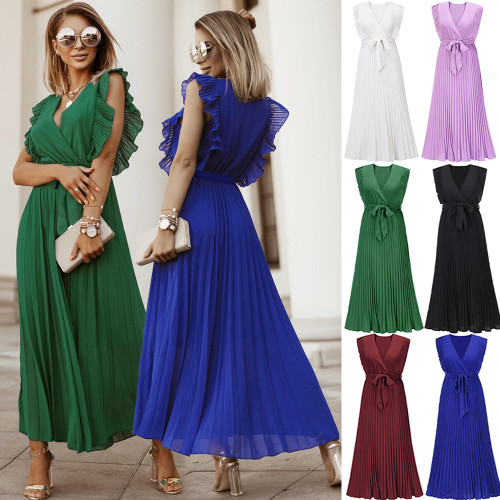 Solid Color Sleeveless Pleated Chiffon Maxi Dress, Slim Fit Dress, Loose Casual Dress