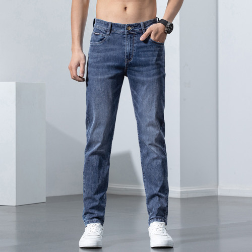 Summer thin jeans, nine points slim small feet Korean trend all-match light color, elastic men's pants fashion casual pants