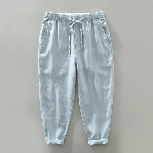 Men's casual pants, thin loose straight linen pants, trendy literary elastic waist ninth pants for men