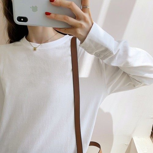 New loose white bottoming shirt, solid color versatile mid-length long-sleeved T-shirt top round neck long-sleeved casual bottoming shirt