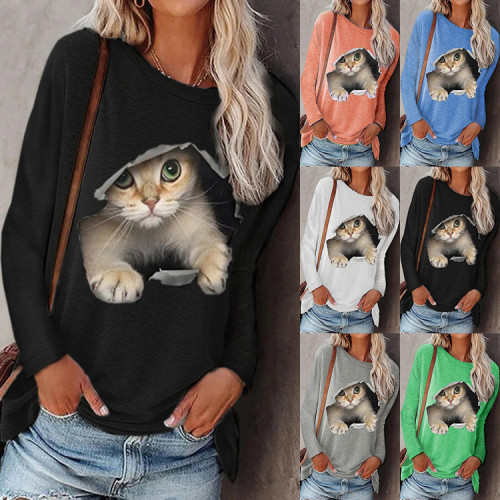 Autumn and winter new fashion round neck pullover cat long-sleeved women's T-shirt, loose long-sleeved T-shirt fashion casual sports bottoming shirt