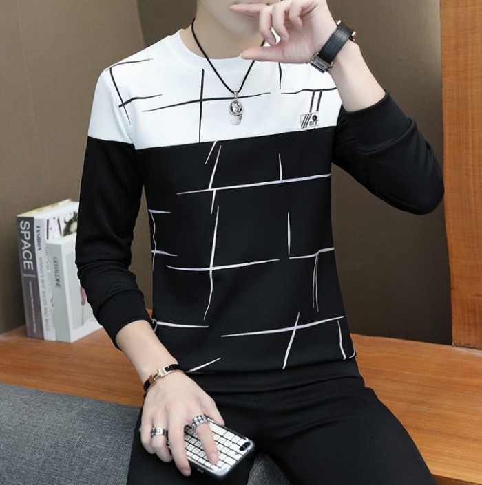 Men's Sweater Pullover Fashion Trend Round Neck Long Sleeve Sweater Splicing Colorblock Slim Fit Casual Sports Sweater