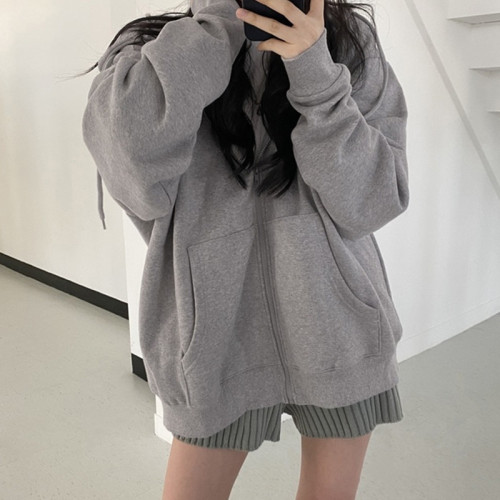 European and American zipper trend hooded sweater women, loose cardigan thickened and fleece solid color top