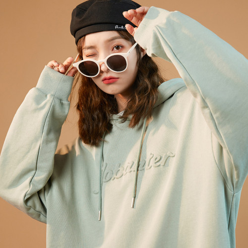 Fashion Pullover 3D Letter Embossing Craft Sweatshirt Women, Casual Loose Hoodie Sweater