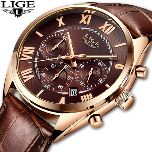 LIGE Watch For Men Top Brand Luxury Waterproof 24 Hour Date Quartz Clock Brown Leather Sports WristWatch Relogio Masculino 2021