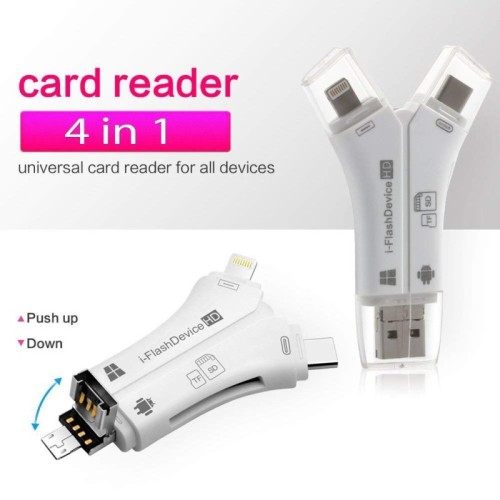 4 in 1 iPhone/Micro Usb/USB Type-c/USB SD Card Reader Portable Animoeco Memory Card Reader for SDXC/SDHC/ SD/MMC/ RS-MMC/Micro SDXC/Micro SD/Micro SDHC Card UHS-I Cards