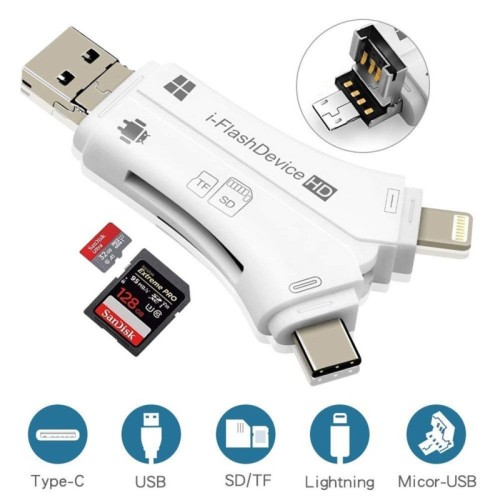 4 in 1 iPhone/Micro Usb/USB Type-c/USB SD Card Reader Portable Animoeco Memory Card Reader for SDXC/SDHC/ SD/MMC/ RS-MMC/Micro SDXC/Micro SD/Micro SDHC Card UHS-I Cards