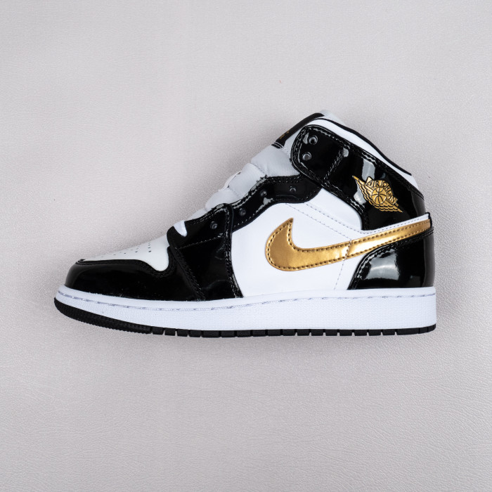 1's Mid Patent Black White Gold