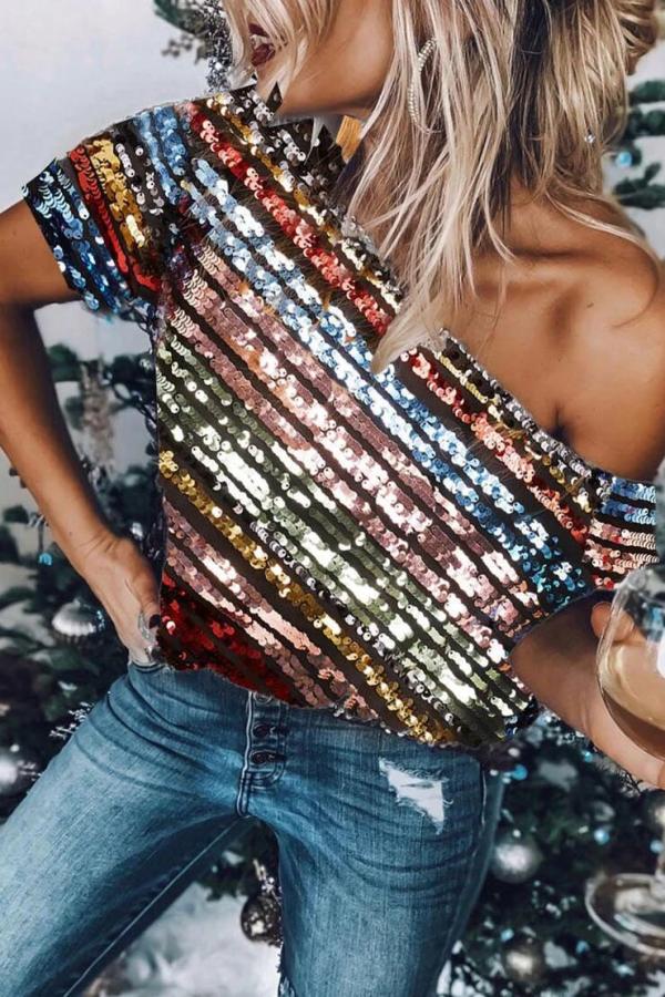 Color Sequins Lined Tops Nightclubs K8879