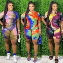 Casual Coloring Round Neck Short Sleeves Plus Size Two Pieces Sets AJ4201