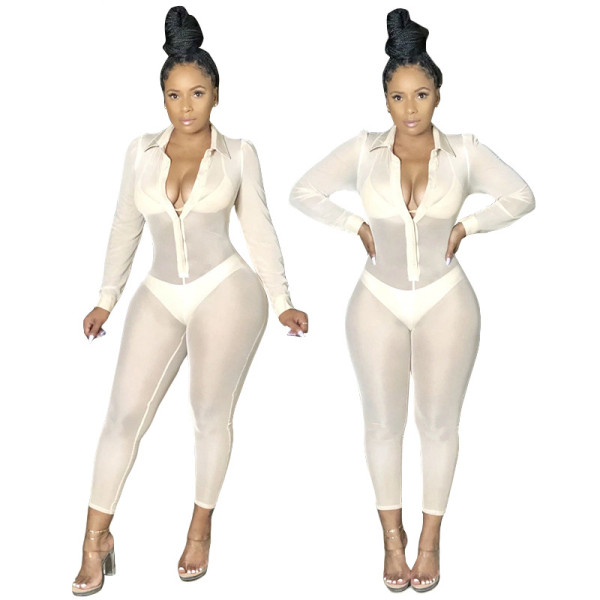 Sexy Mesh Perspective Button V-Neck Long Sleeves Bodycon Jumpsuit MY9722