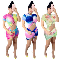 Tie-Dye Drawstring Pleated Top Short Skirt Two Piece Set HH8916