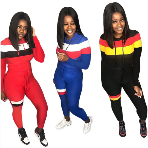 Trendy Color Patchwork Bodycon Hooded Sport Outfits AMM8181