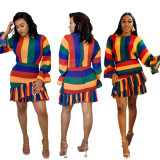 Lovely Women Colorful Stripes Print Long Sleeves Ruffled Short Dress BLX7355