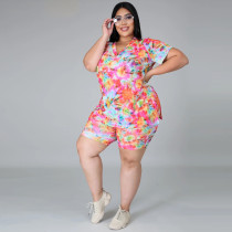 Casual Printed V-Neck Short Sleeves T-Shirt With Shorts Plus Size Two Piece Set YF1215