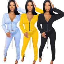 Sexy Solid Color Zipper V-Neck Long Sleeves Hooded Mini Top With Drawstring Trousers Two Piece Set H
