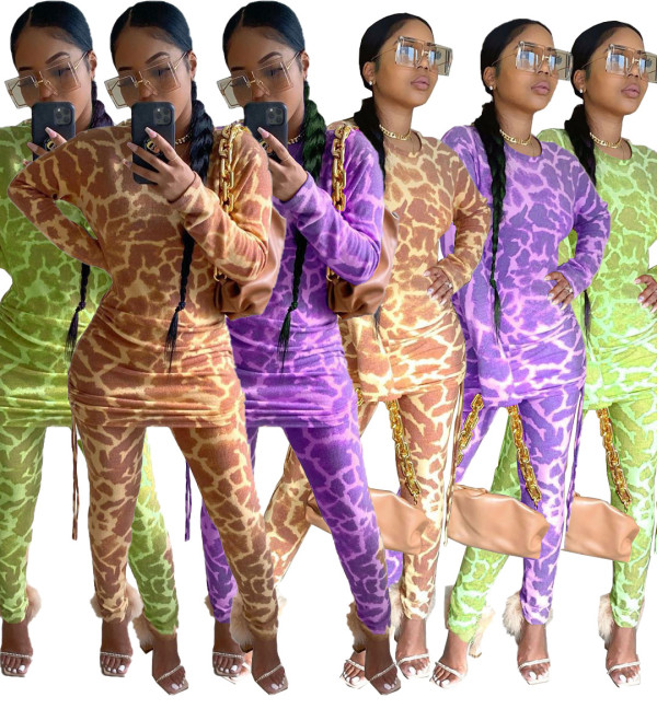 Fashion Tie Dye Printed Round Neck Long Sleeves Top Wwth Trousers Two Piece Set LY5879