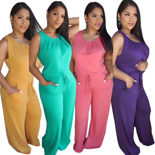 Fashionable casual solid color loose jumpsuit W8266