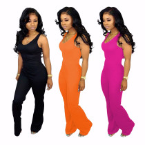 Fashion sexy sleeveless solid color wide-leg flared jumpsuit U7078