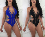 Solid Color Mesh Patchwrok V Neck One Piece Bandage Swimwear D8128