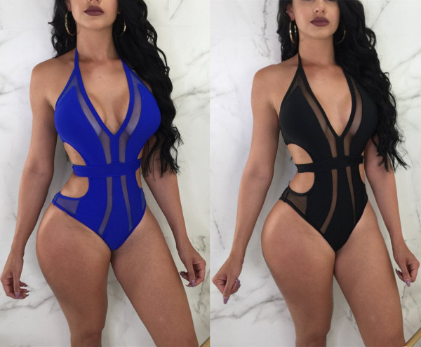Solid Color Mesh Patchwrok V Neck One Piece Bandage Swimwear D8128
