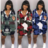 Fashion Camouflage Zip Up Long Sleeves Hooded Dress HH8896