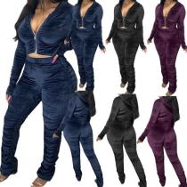 Fashion Solid Color Zipper Long Sleeves Hooded Top With Trousers Pleated Two Piece Set HG068