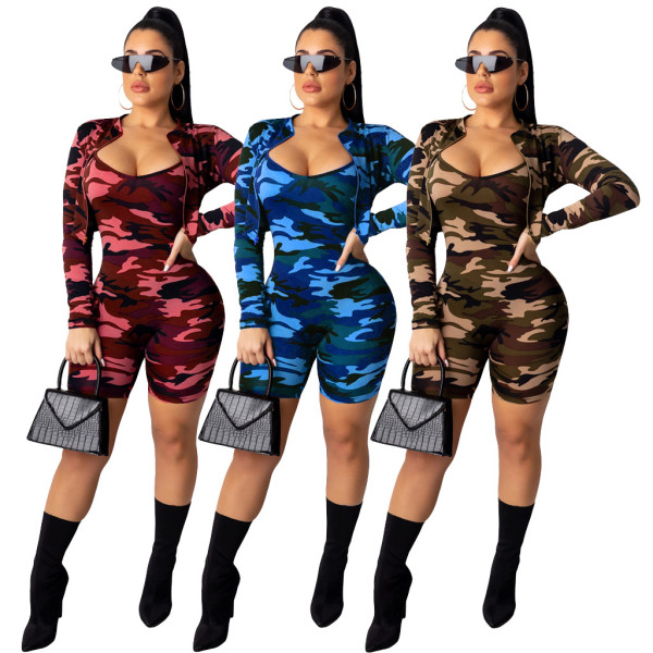 Camouflage Bodycon Hot Sell Outfits Short Coat Mid Jumpsuit ML7257
