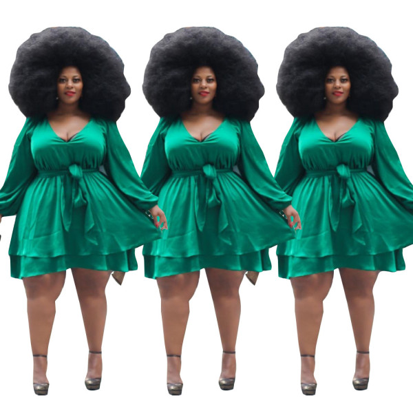 Women Green Oversize V Collar Pleated Dress For Wholesale Q5076