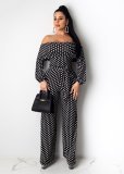 Elegant Polka Dot Flat Shoulder Overlay Belted Wide Leg Jumpsuit YYZ843