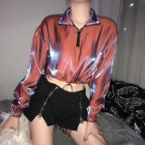 Bright silk zipper, navel waist, thin sweater, lace shirt HT7030W07