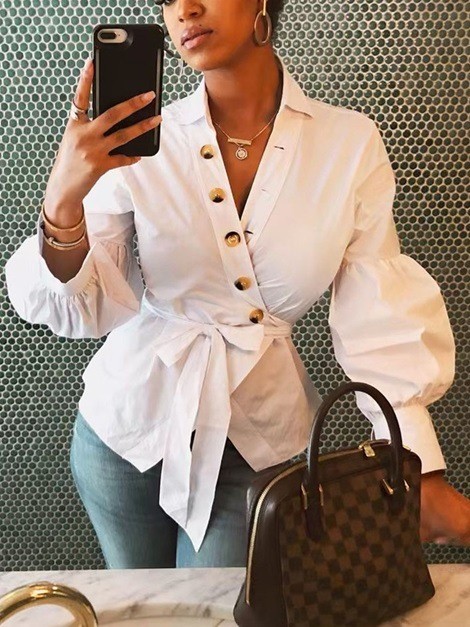 Women Irregular Shirt White Puff Sleeve Button Deco Tied Top FMMt1
